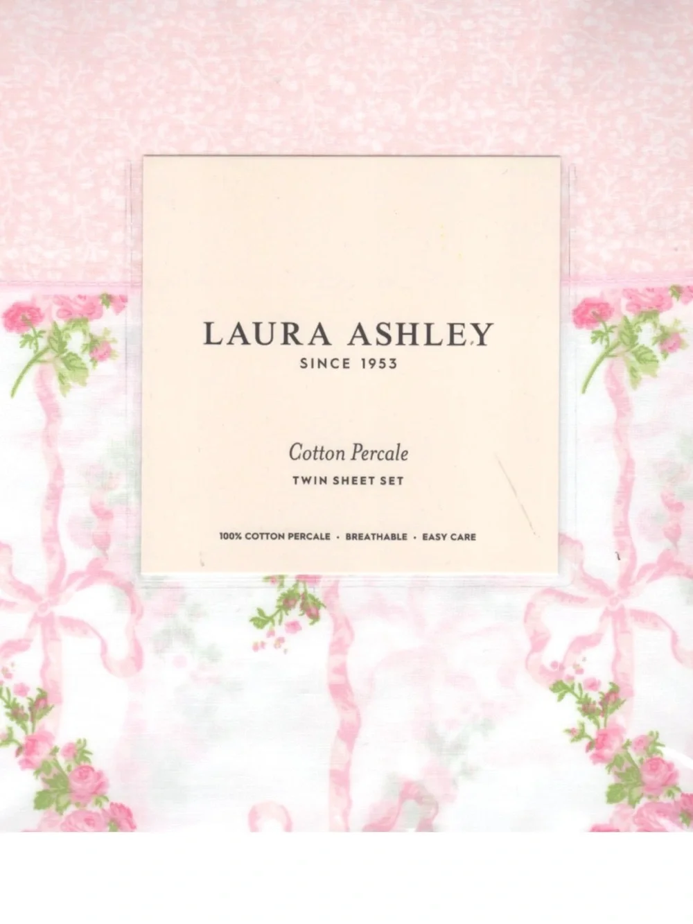 Laura Ashley Floral Ribbon Stripe Pink Twin 3 Pc Cotton Percale Sheet Set NWT